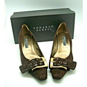 Edoardo Alessi Women Shoe Brown Suede Kitten Heel Buckle Accent Size 38.5 US 8.5
